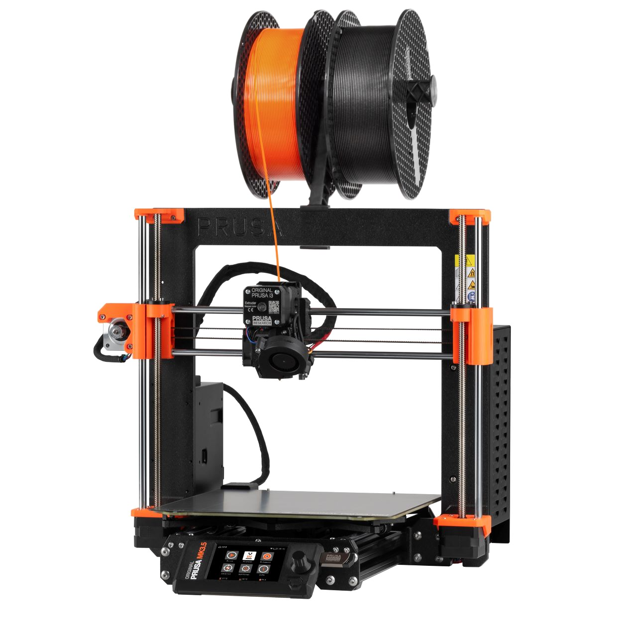 Original Prusa i3 MK3S+ s cívkami oranžového a černého filamentu